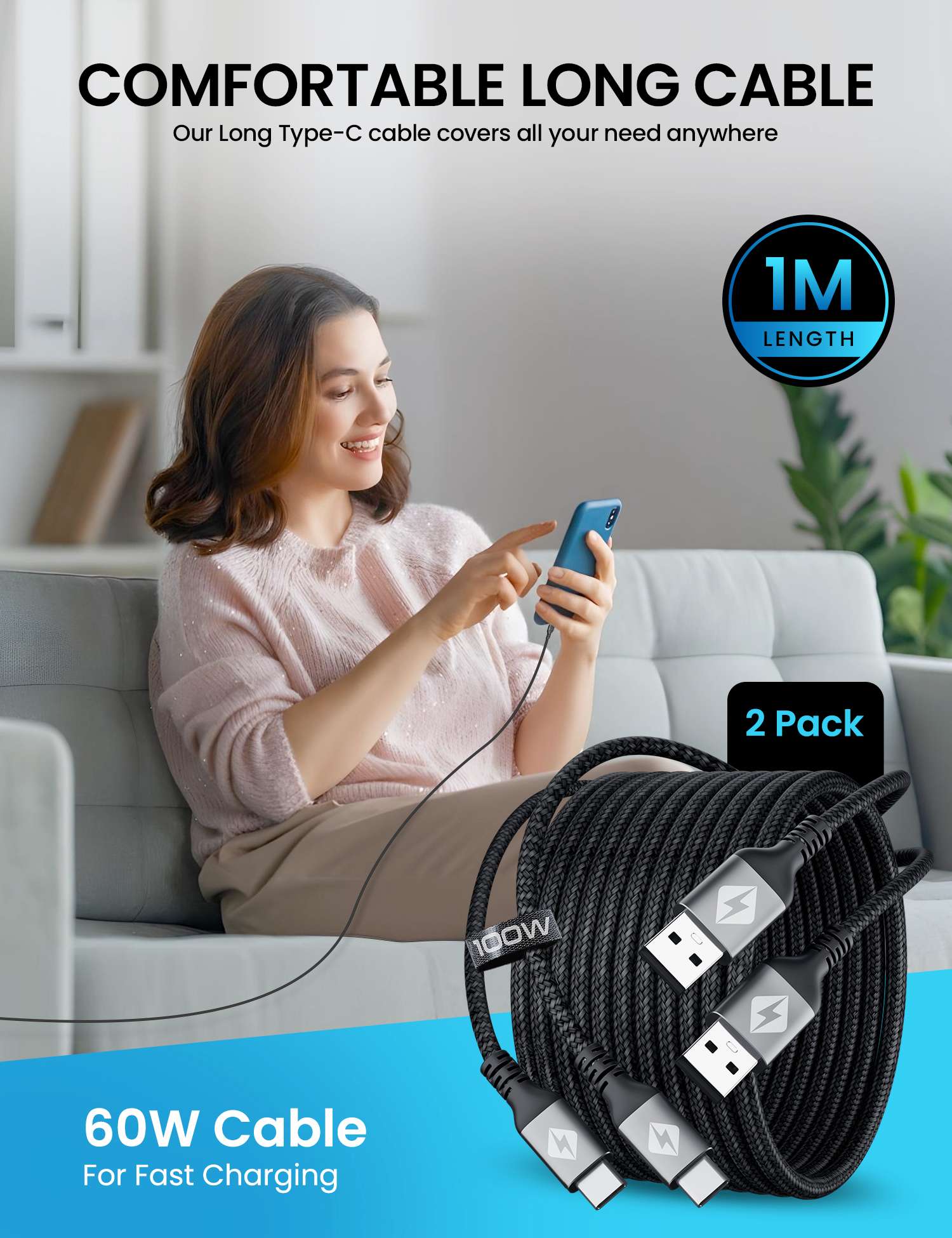 1M USB A to USB C Charging Cable for Android, iPhone 16 and USB C devices