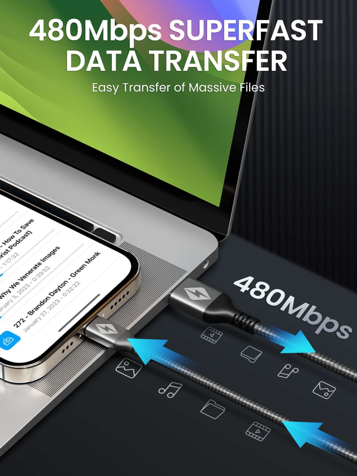 USB A to USB C cable transfers 1GB files in seconds with up to 480Mbps data transfer speed