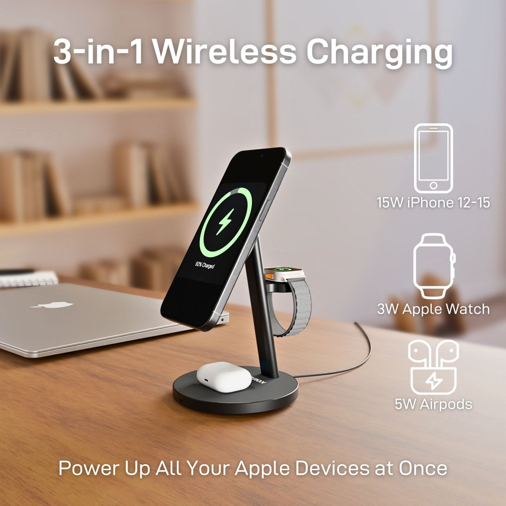 Close-up of high-end aluminum 3 in 1 Apple Charging Station with MagSafe charger