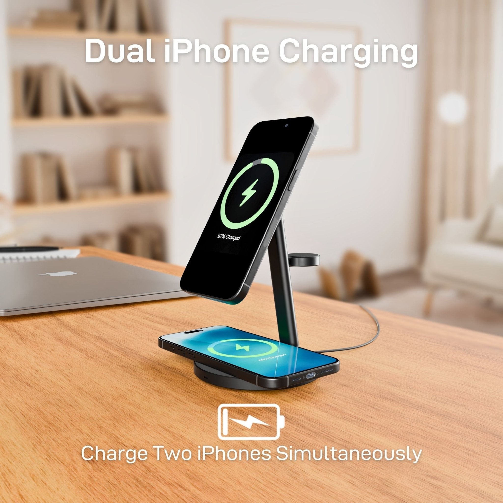 iPhone charging on 3 in 1 MagSafe wireless charging station with 15W fast charging